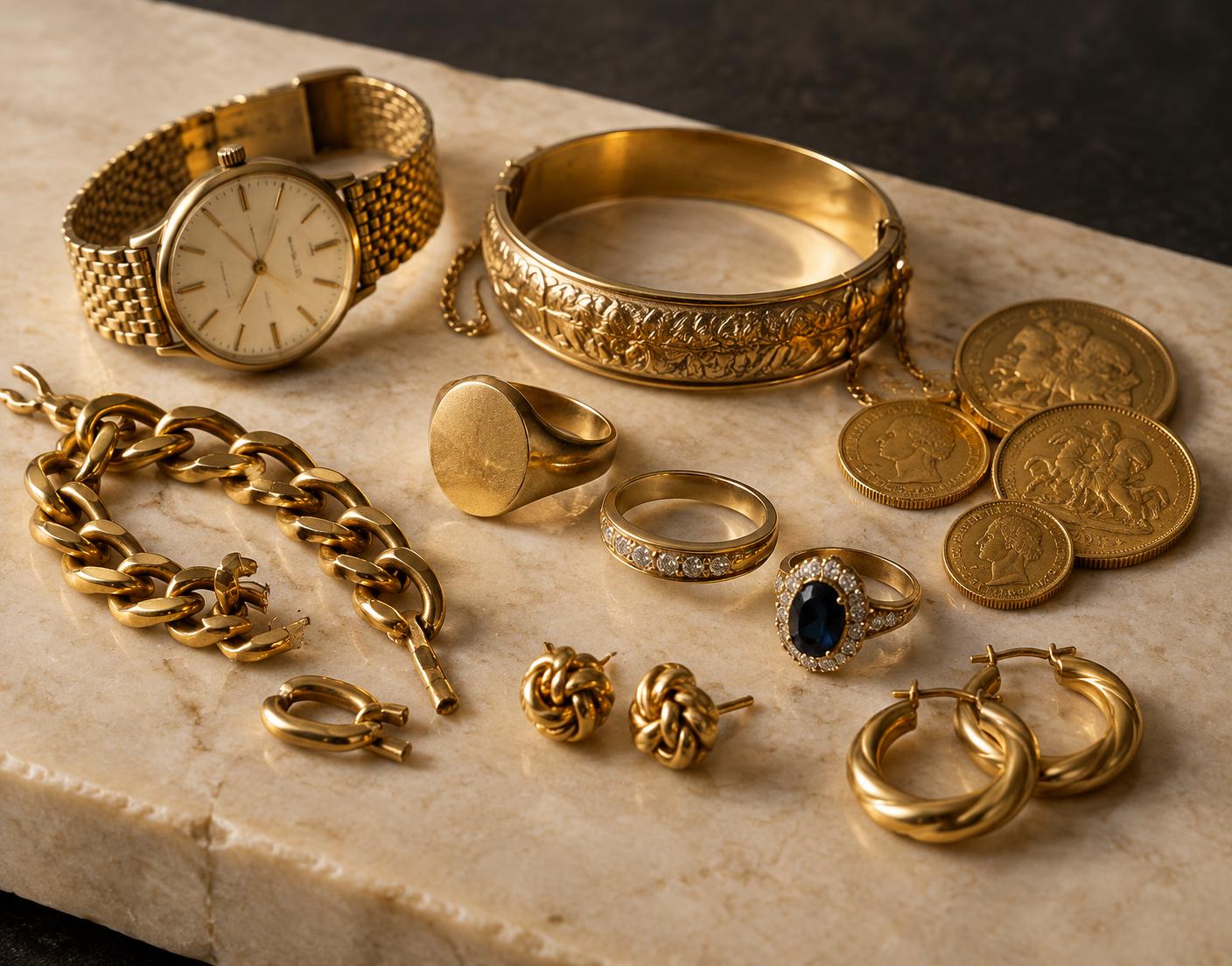 A selection of gold rings, chains, earrings, a bracelet, coins and a watch on pale stone
